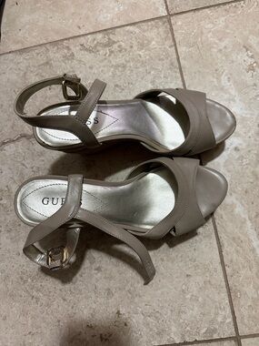 GUESS Neutral Taupe Open-Toe Ankle Strap Heels